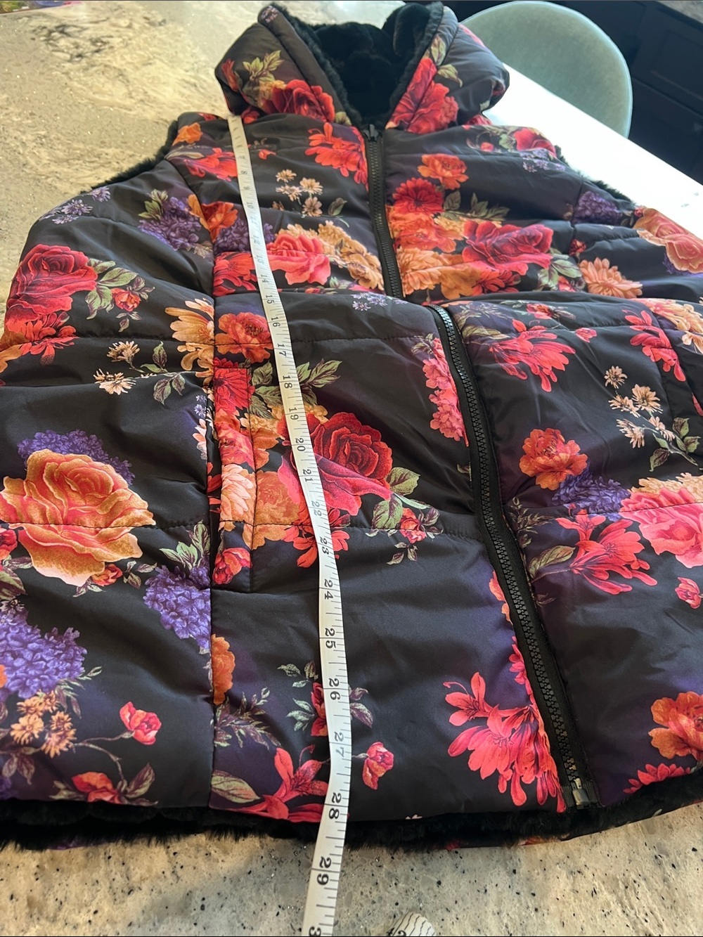 Roaman's Reversible Faux Fur Floral Puffer Vest Hooded Black Multi Size 20W New - Picture 8 of 13